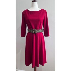 Lemmie for Nina Leonard Fit and Flare Dress Womens S Red Belted Leopard